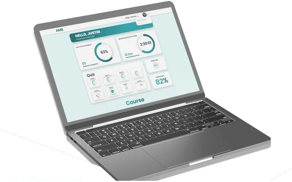 AMB e-learning course dashboard on a laptop
