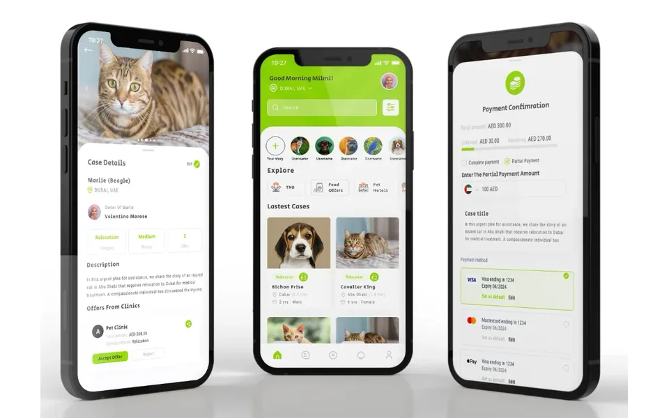 Pawspact animal welfare app screens on three phones