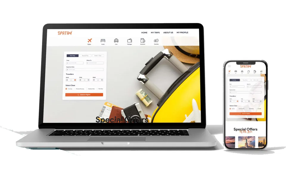 Spatay flight search on a laptop and a phone